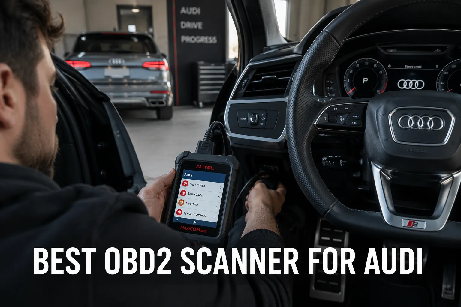 A mechanic using a diagnostic scanner inside an Audi in a workshop with white lettering reading Best OBD2 Scanners for Audi.