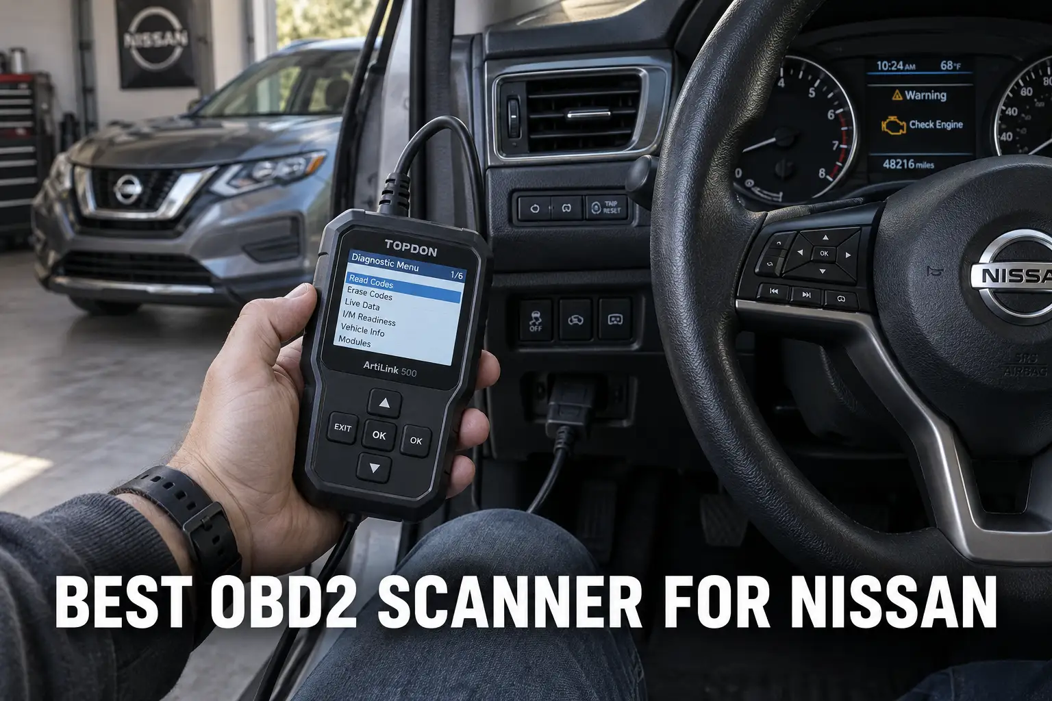 A mechanic using a diagnostic scanner inside a Nissan in a workshop with white lettering reading Best OBD2 Scanners for Nissan.