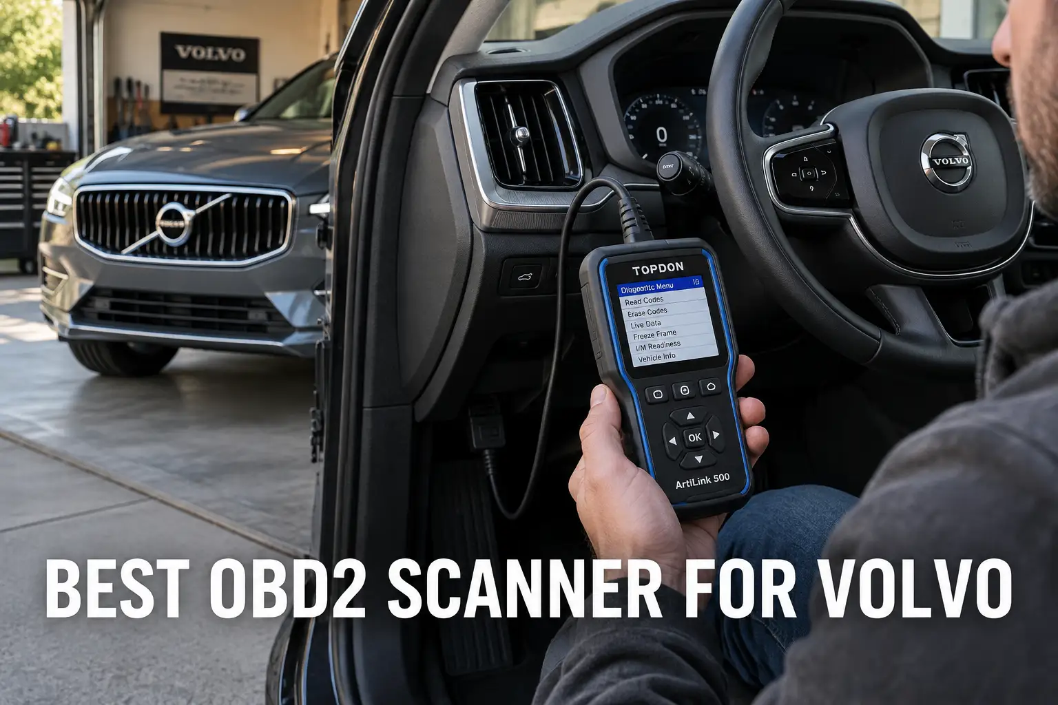 A mechanic using a diagnostic scanner inside a Volvo in a workshop with white lettering reading Best OBD2 Scanners for Volvo.