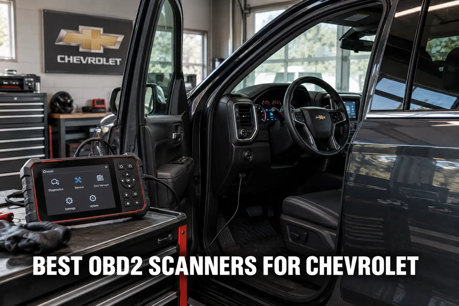 A diagnostic tablet connected to a Chevrolet SUV in a professional workshop with white lettering reading Best OBD2 Scanners for Chevrolet.