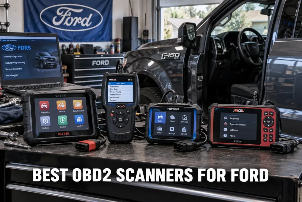 Multiple OBD2 scanners displayed on a workshop bench beside a Ford F-150 in a professional garage with white lettering reading Best OBD2 Scanners for Ford.