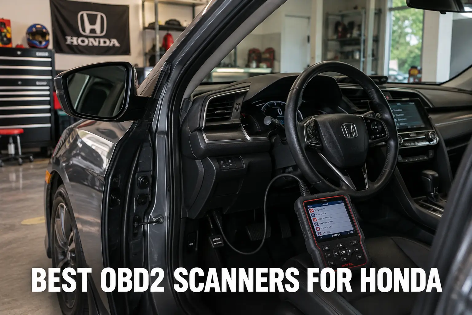 A wired OBD2 scanner connected inside a Honda cabin in a professional garage with white lettering reading Best OBD2 Scanners for Honda.
