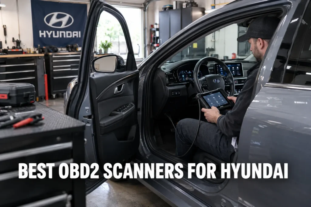 A mechanic using a diagnostic tablet inside a Hyundai SUV in a workshop with white lettering reading Best OBD2 Scanners for Hyundai.
