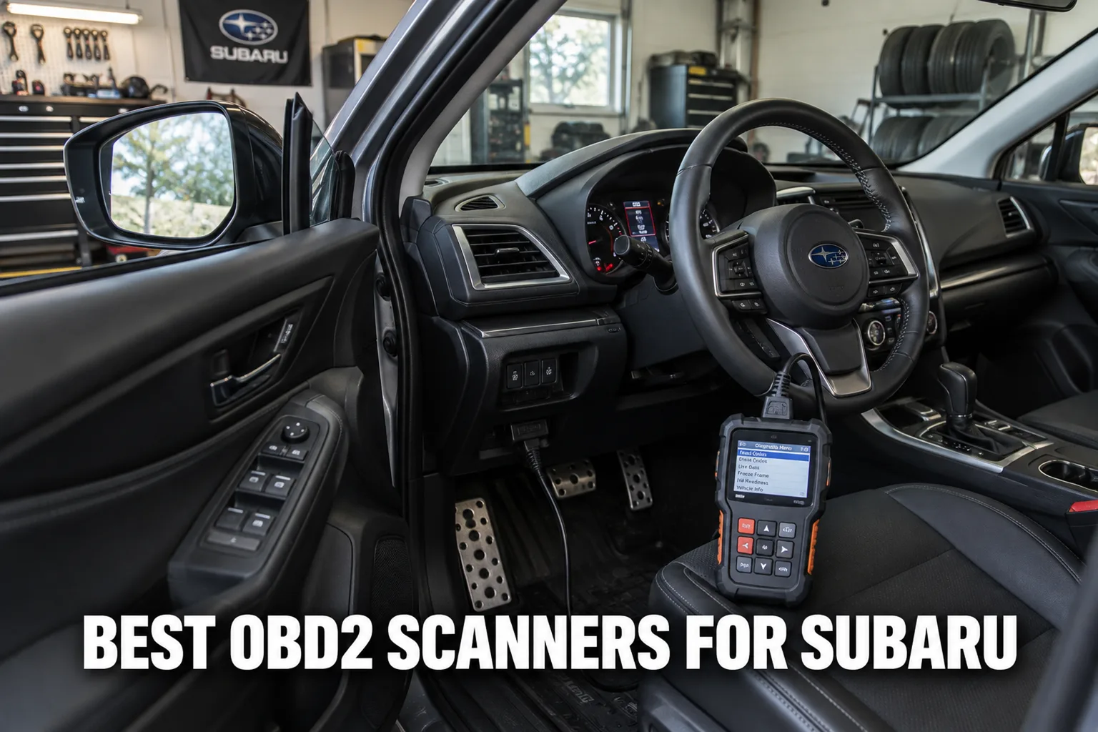 A handheld OBD2 scanner connected inside a Subaru cabin in a garage with white lettering reading Best OBD2 Scanners for Subaru.