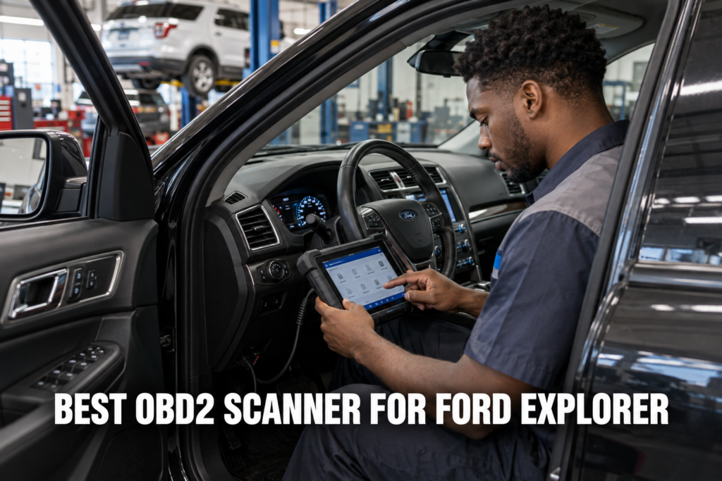 A mechanic using a tablet-style OBD2 scanner inside a Ford Explorer in a professional repair shop.
