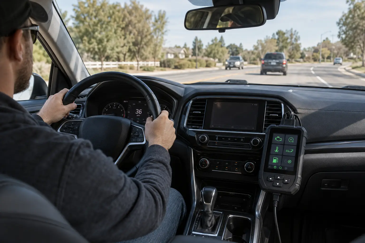 A man driving with an OBD2 scanner connected to the dashboard, showing how the ECU counts a qualified trip during a drive cycle.