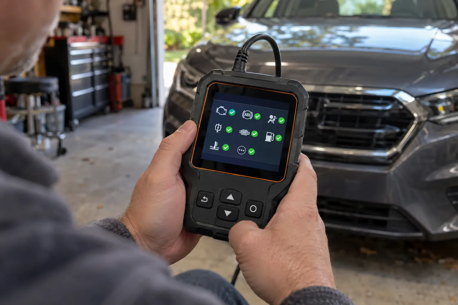 A person reviewing completed monitor status on an OBD2 scanner in a home garage to confirm the drive cycle worked.