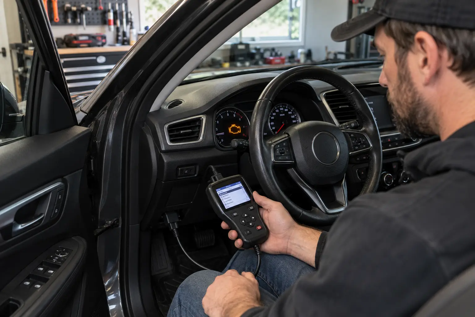 A mechanic using an OBD2 scanner inside a car with the check engine light illuminated, showing a confirmed diagnostic trouble code.