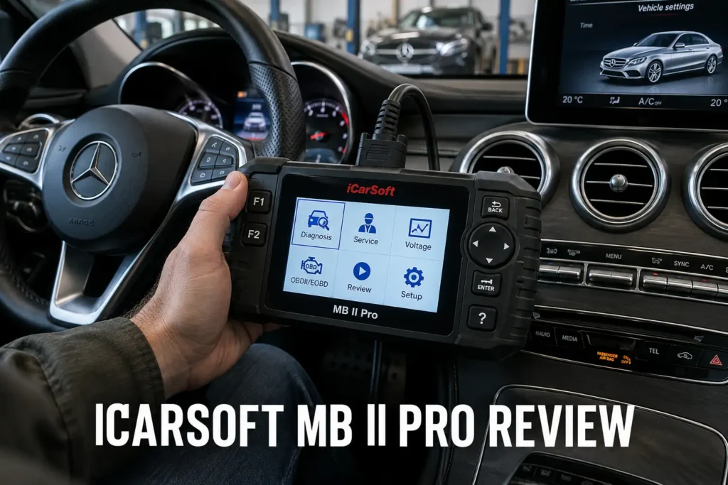 An iCarSoft MB II Pro scanner held inside a Mercedes cabin with the dashboard visible.