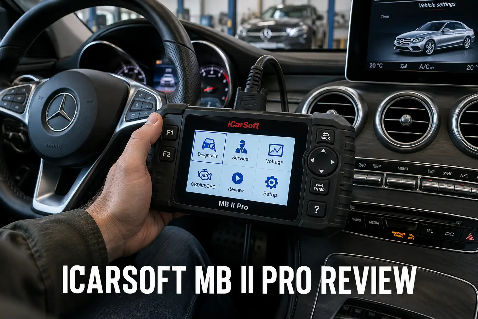 An iCarSoft MB II Pro scanner held inside a Mercedes cabin with the dashboard visible.