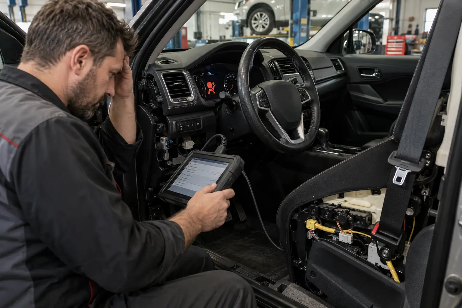 A mechanic diagnosing an airbag system fault inside a partially disassembled car interior while the SRS warning light is visible on the dashboard.