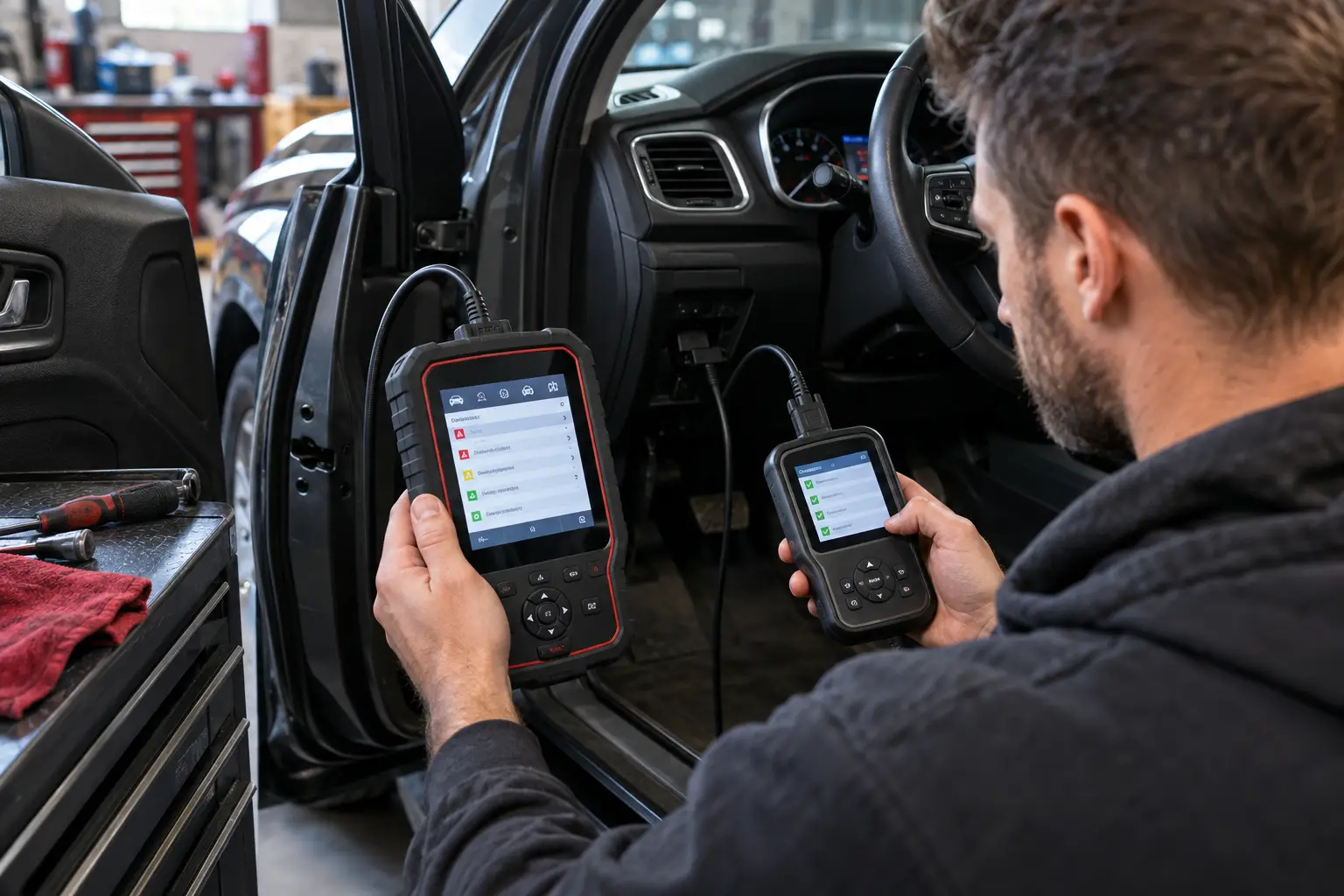 A mechanic comparing diagnostic results on two different OBD2 scanners connected to the same vehicle in a garage workshop.