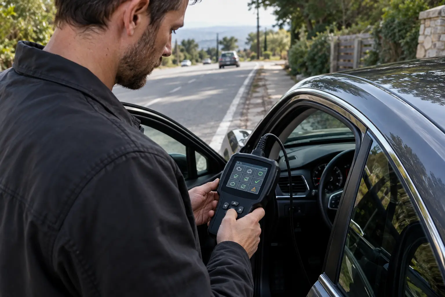 A man checking an OBD2 scanner beside a parked car after a road drive, showing monitor checks during a drive cycle sequence.