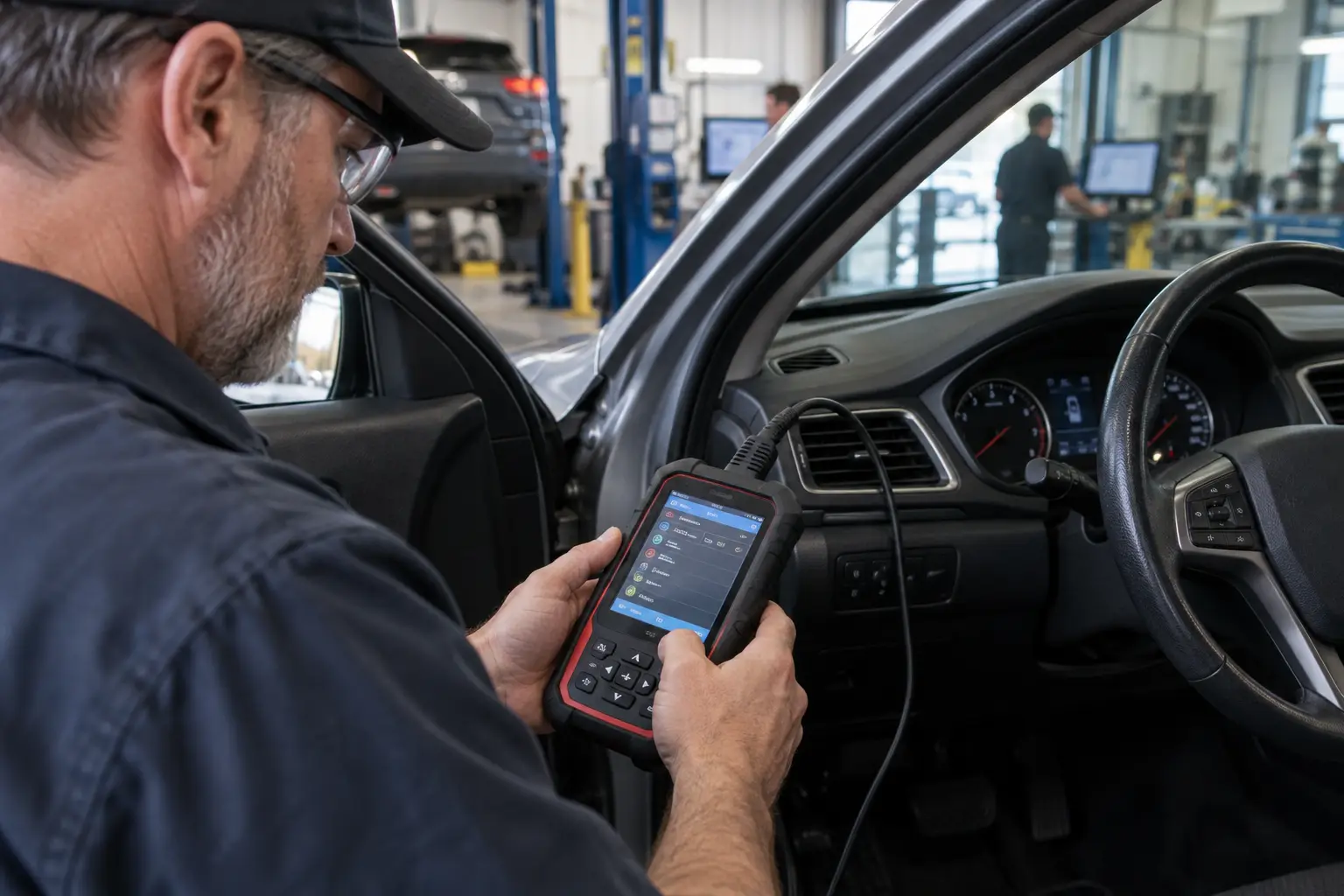 A technician checking OBD2 trouble code results on a handheld scanner inside a repair shop, illustrating permanent codes after clearing stored codes.