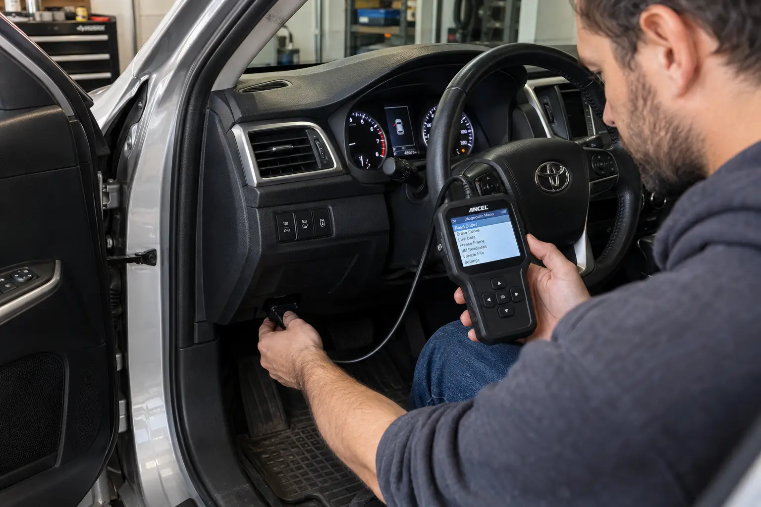 A man plugging a wired OBD2 scanner into the diagnostic port under a Toyota dashboard.