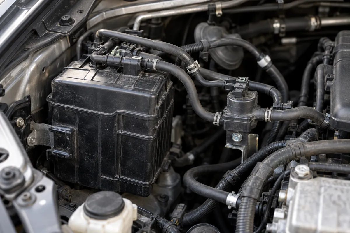 Close-up of automotive EVAP components including a charcoal canister, vapor hoses, and a purge valve inside the engine bay.