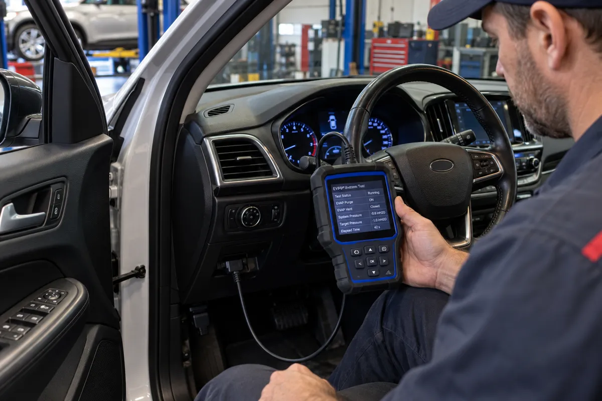 Mechanic seated at an open car door reading an EVAP system test on a wired OBD2 diagnostic scanner.