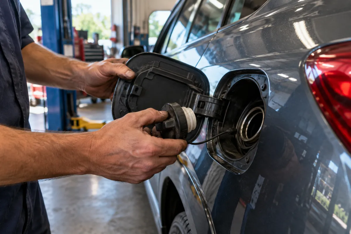 Mechanic removing a gas cap from a sedan fuel filler neck during an EVAP system inspection in a workshop.