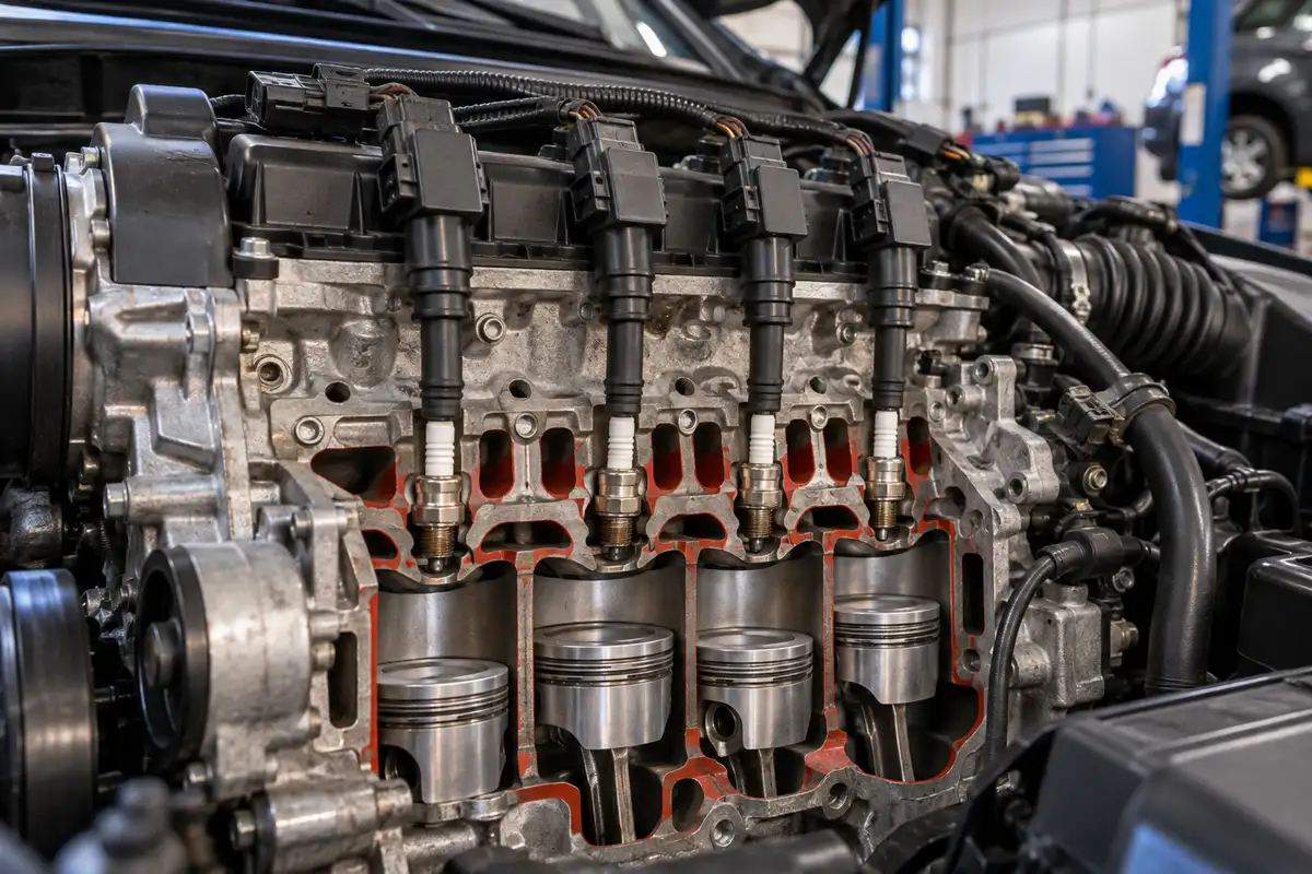 Cutaway view of a four-cylinder gasoline engine showing pistons, ignition coils, and spark plugs involved in engine misfires.