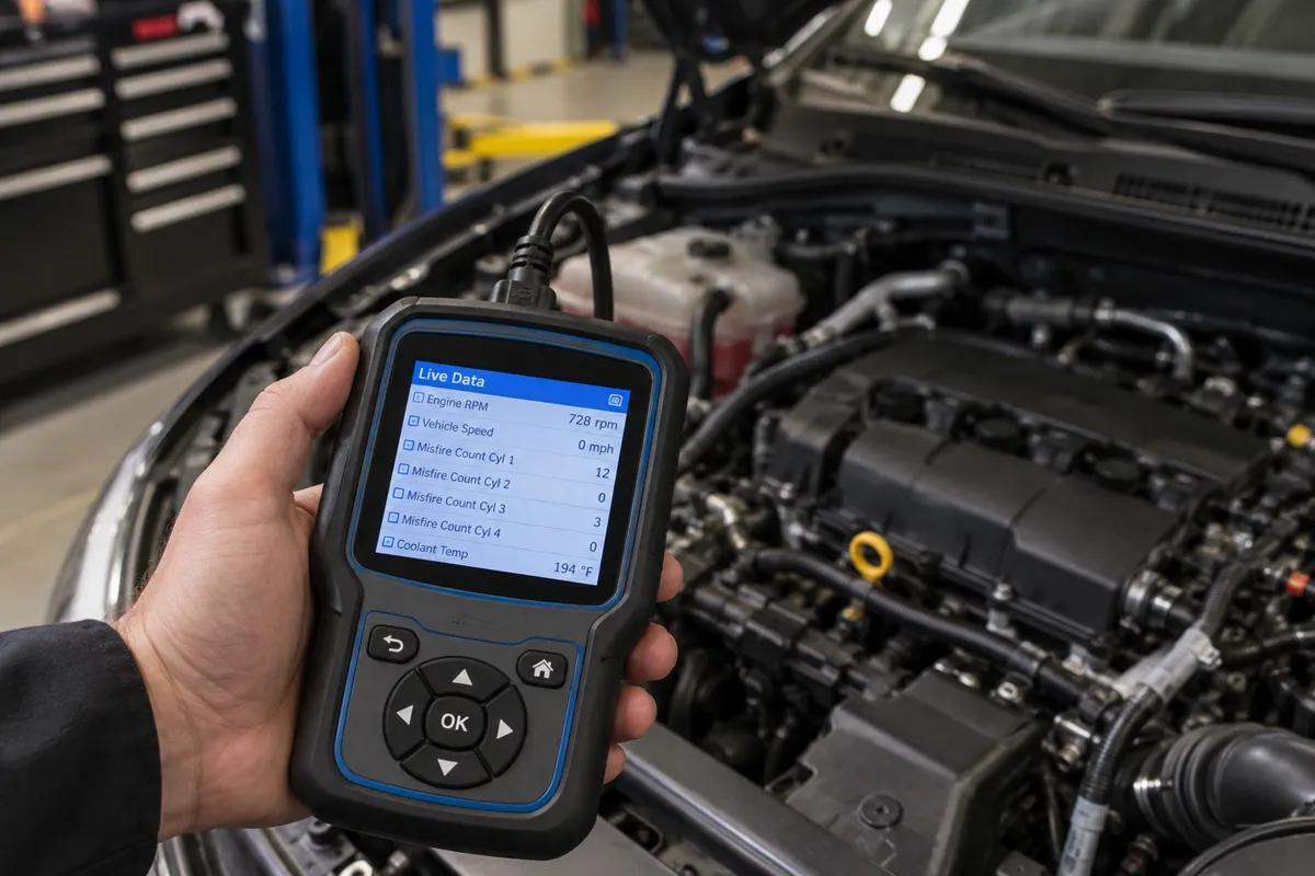 Handheld OBD2 scanner displaying live cylinder misfire counts beside an open engine bay.