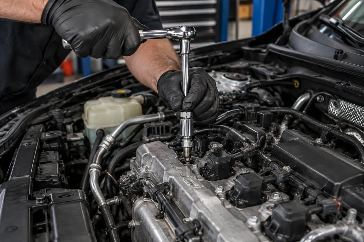 Mechanic using a ratchet and spark plug socket to remove a spark plug from a four-cylinder engine.