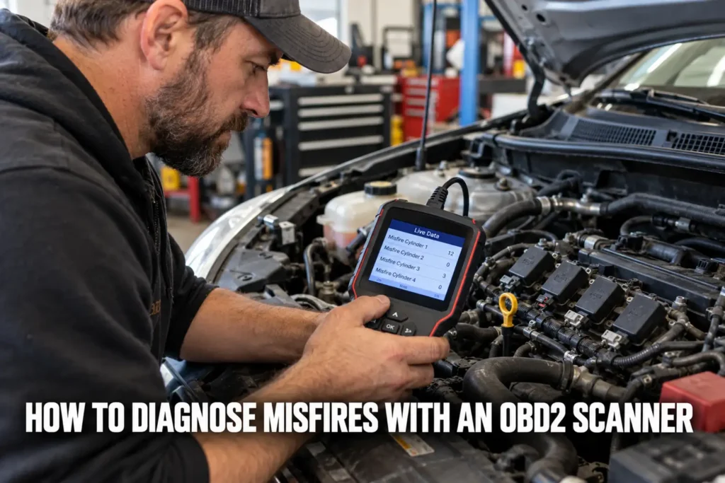Auto technician checking ignition misfire data on a handheld OBD2 scanner beside an open engine bay.
