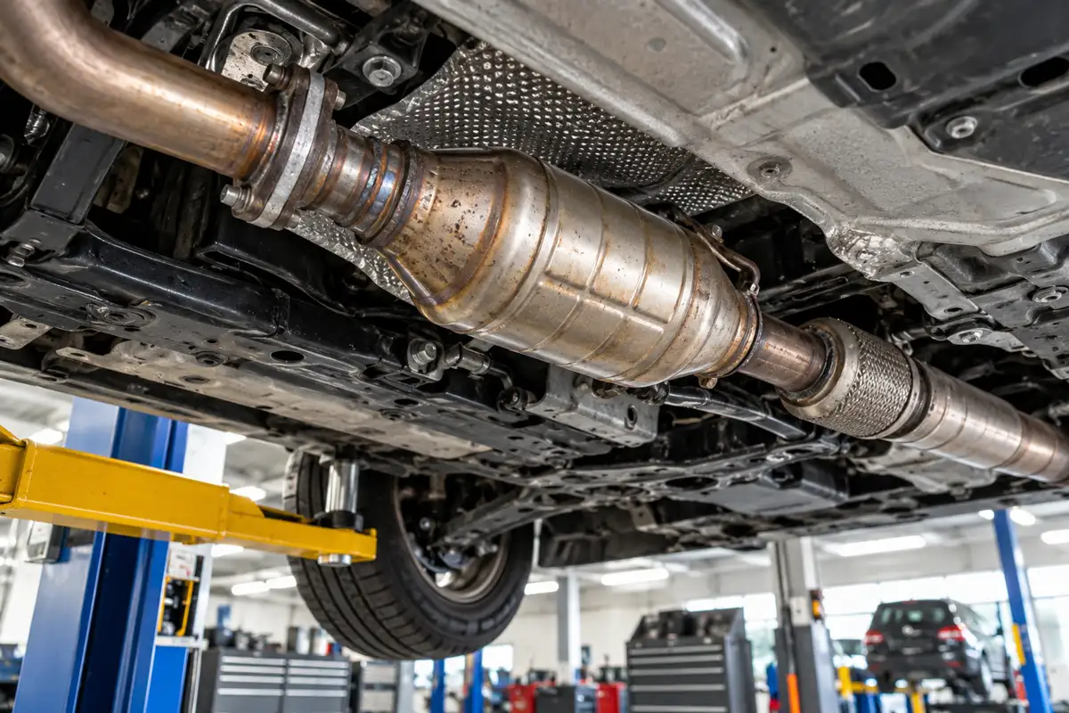 Catalytic converter and connected exhaust pipes visible beneath a vehicle raised on a workshop lift.