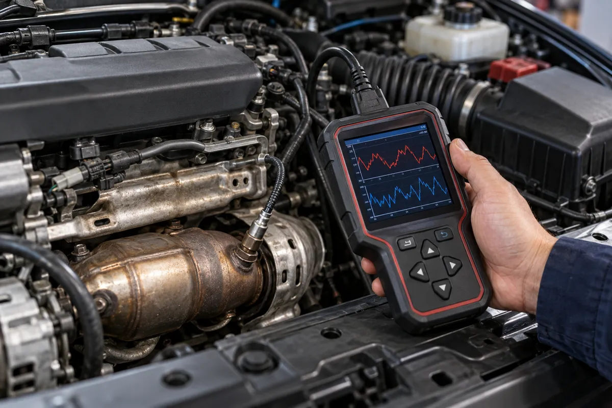 Technician holding a scan tool displaying two oxygen sensor waveform graphs next to an engine and exhaust manifold.