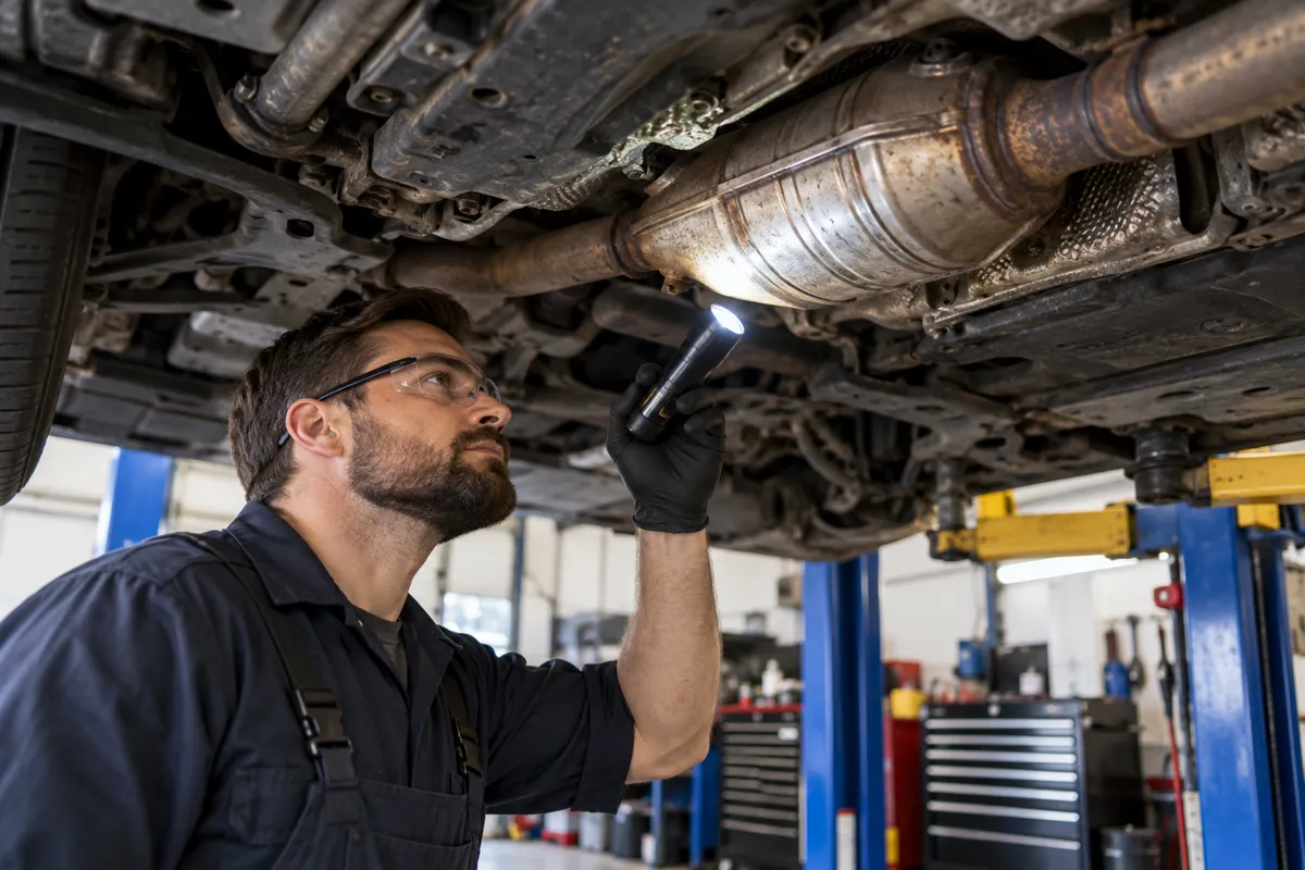 Mechanic inspecting a catalytic converter with a flashlight underneath a vehicle on a service lift.