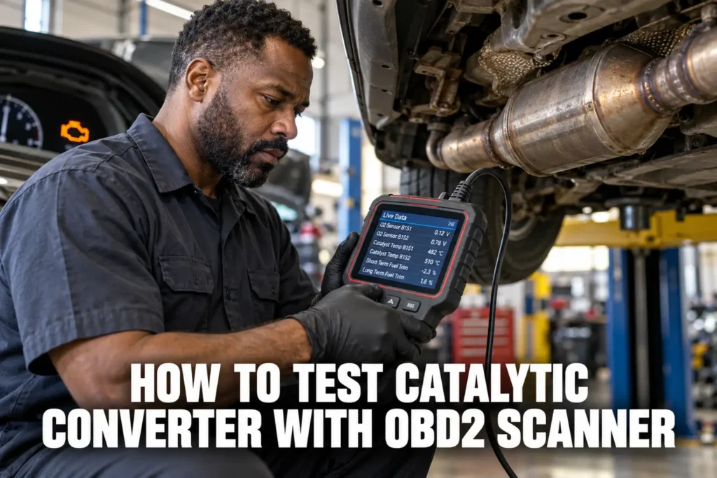 Technician using an OBD2 scanner to evaluate catalytic converter performance under a raised vehicle.