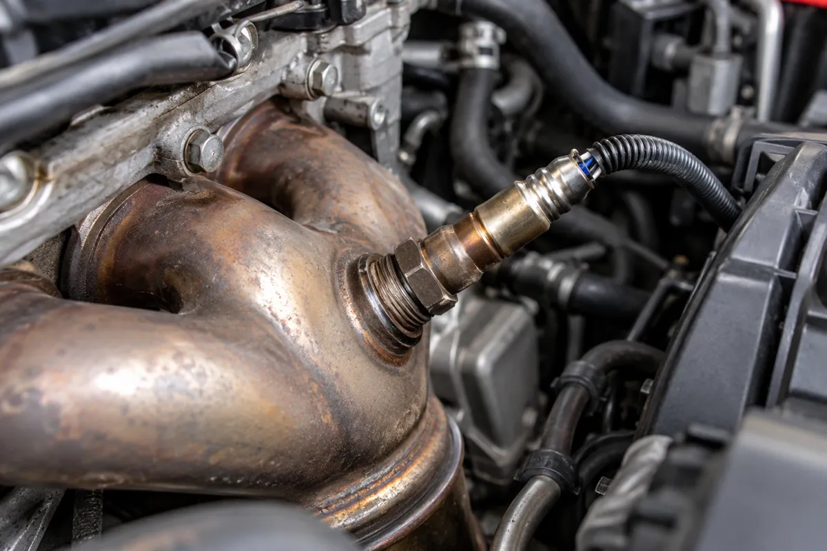 Close-up of an oxygen sensor threaded into the exhaust manifold with its electrical wiring attached.