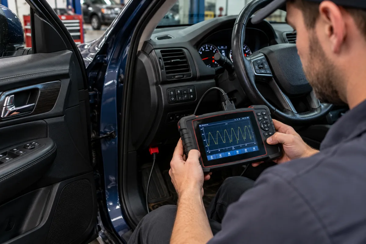 Mechanic sitting by the open driver door and viewing an oxygen sensor voltage graph on a connected diagnostic scanner.