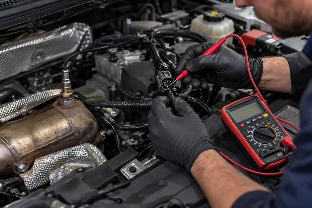 Gloved mechanic probing an oxygen sensor electrical connector with a digital multimeter in an engine bay.