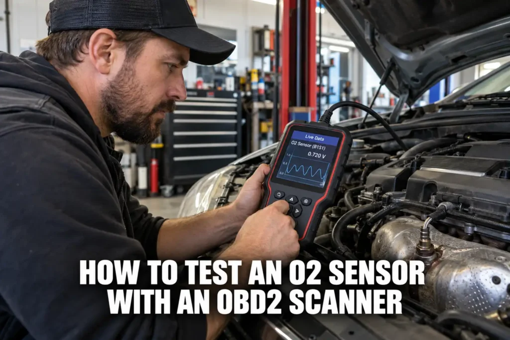 Mechanic viewing oxygen sensor voltage readings on an OBD2 scanner with the vehicle engine exposed.