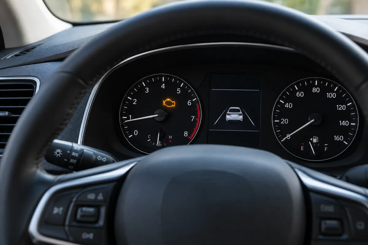 Modern car instrument cluster showing an illuminated amber check engine warning light.