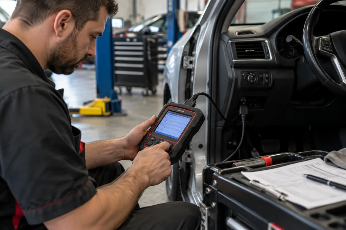Auto mechanic reviewing diagnostic scanner readings beside a car with a clipboard of workshop notes nearby.