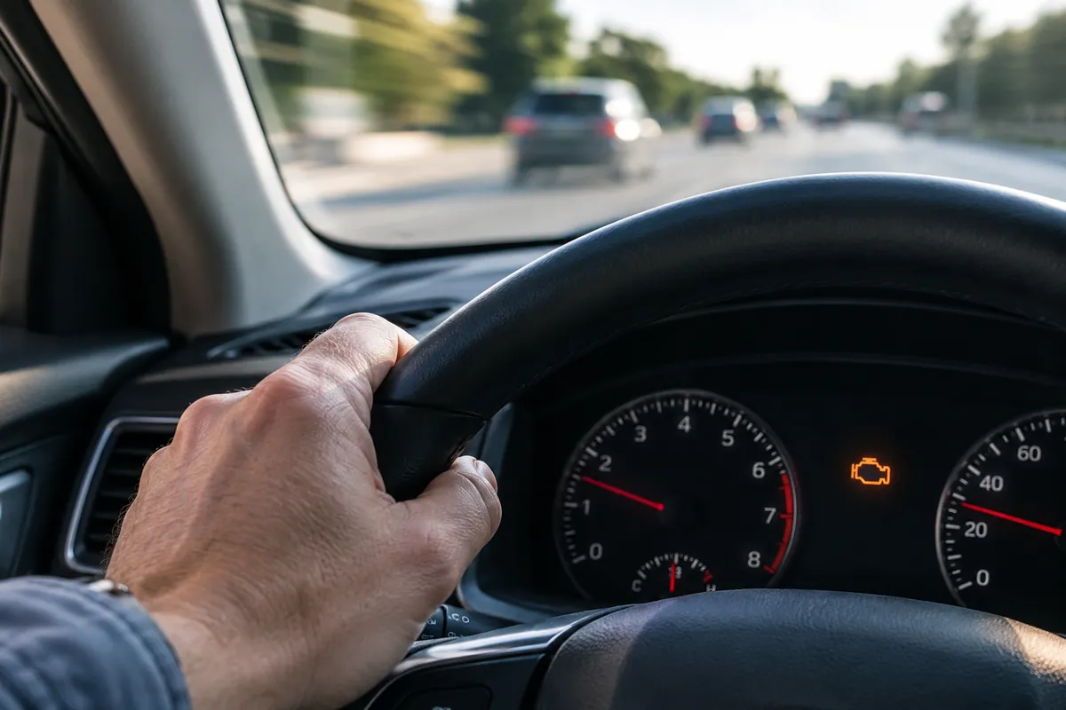 Driver holding the steering wheel on a road while an amber check engine warning light glows on the dashboard.