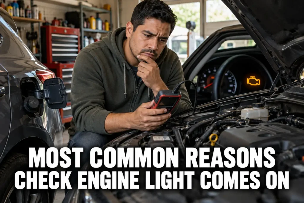 Car owner inspecting an illuminated check engine light and considering common causes of engine warnings.