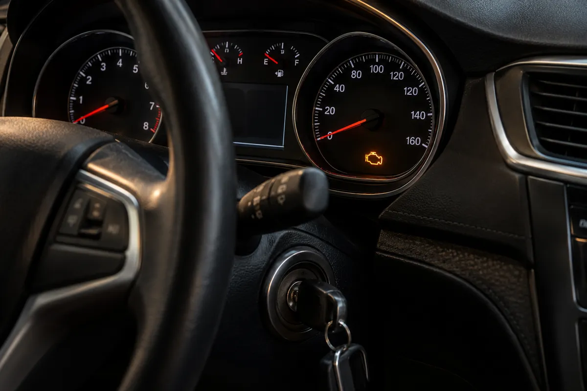 Dark vehicle instrument cluster with the amber check engine light illuminated and an ignition key inserted.