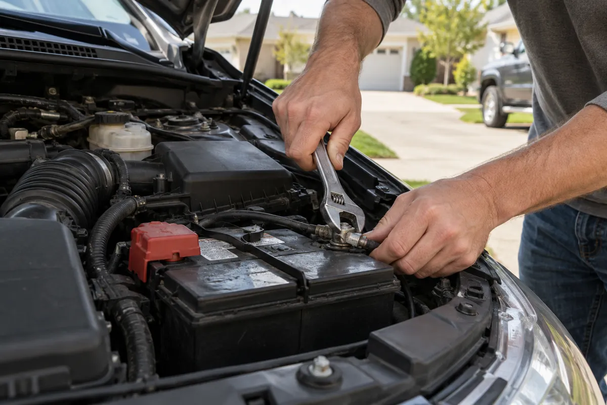 Hands using an adjustable wrench to loosen a car battery terminal with the hood open in a driveway.