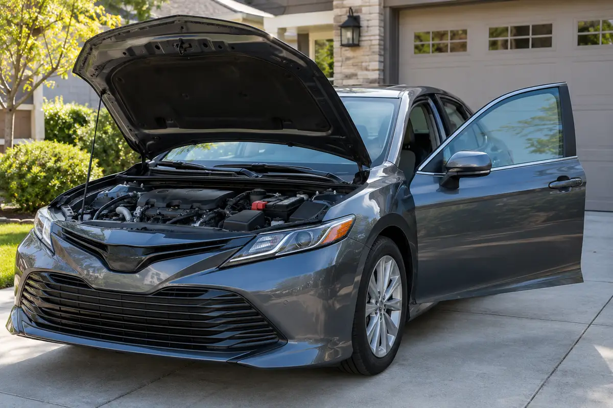 Gray sedan parked in a suburban driveway with its hood raised and driver door open.