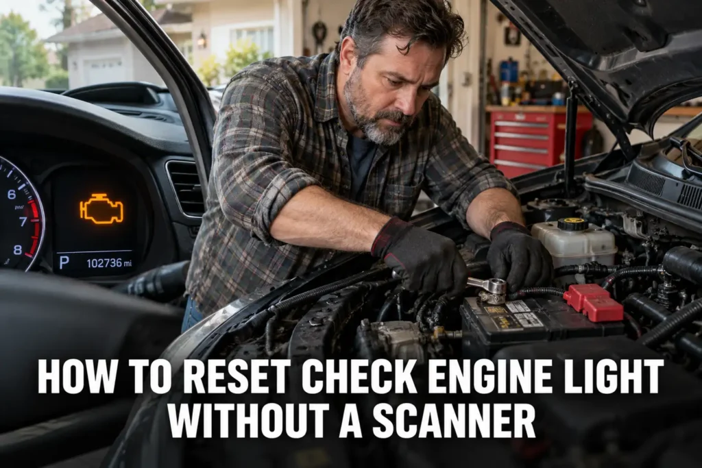 Home mechanic working beneath an open hood to troubleshoot a check engine light without a scan tool.