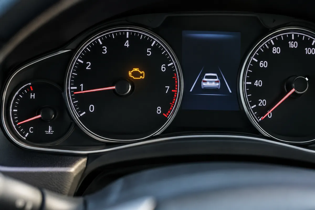 Close-up of a vehicle gauge cluster with the amber engine-shaped malfunction indicator light illuminated.
