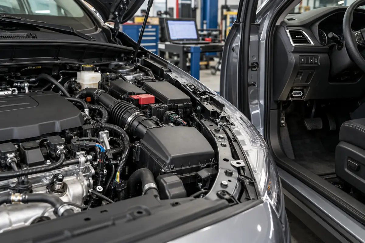 Car engine bay with sensor wiring harnesses and the diagnostic connector beneath the dashboard visible through the open door.