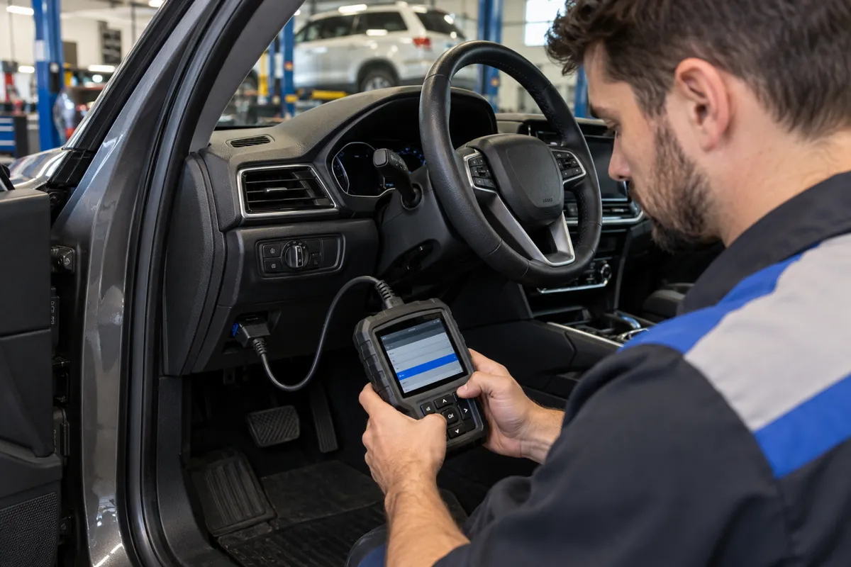 Auto technician connecting and reading a handheld OBD2 scanner under the dashboard at an automotive workshop.