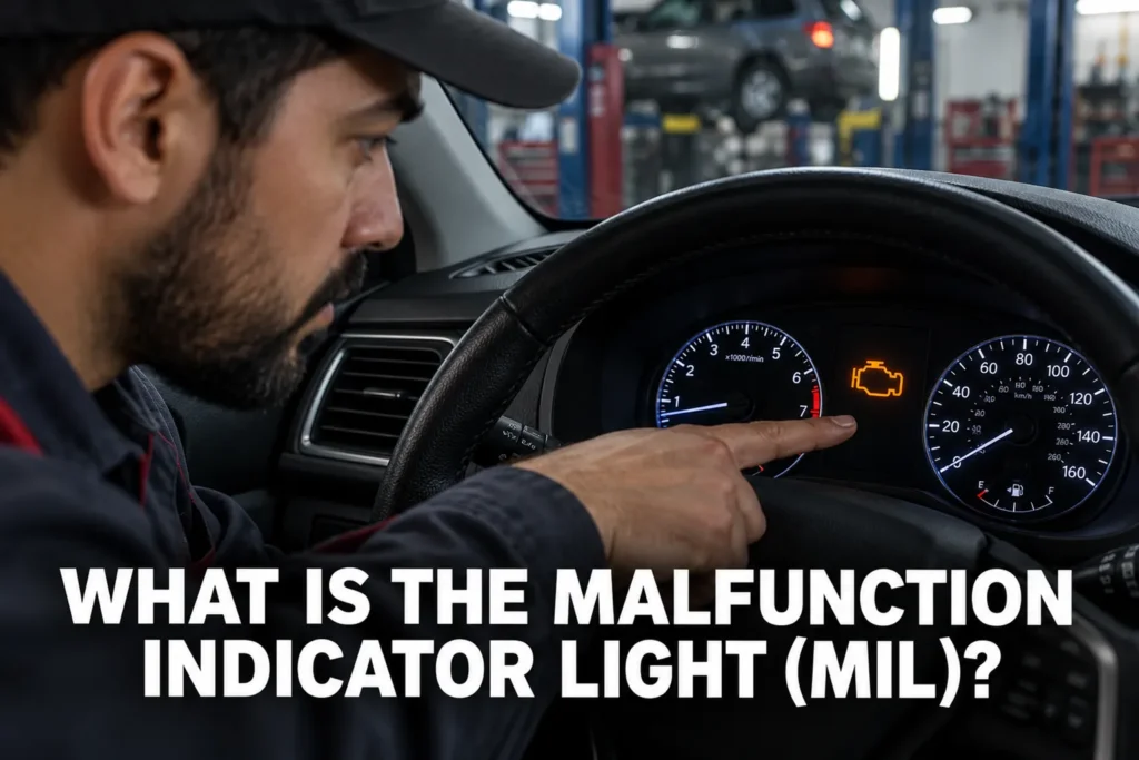 Driver pointing to an illuminated malfunction indicator light on a vehicle instrument cluster.