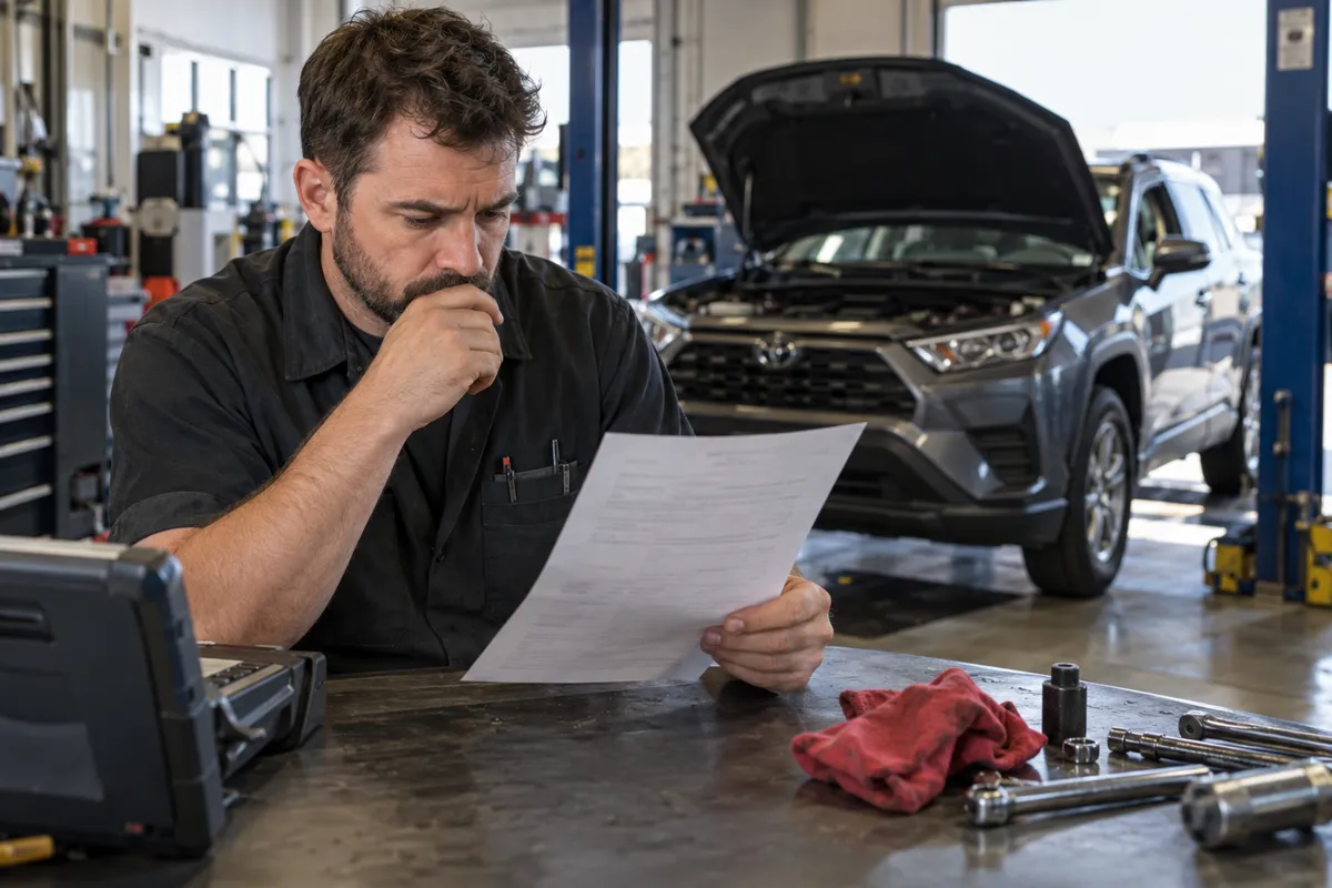 Auto mechanic at a workshop bench reviewing a printed diagnostic report with a car and raised hood behind him.