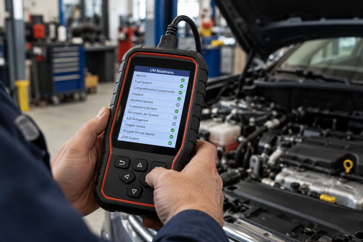Handheld OBD2 scanner showing emissions readiness monitor results with a vehicle engine bay in the background.