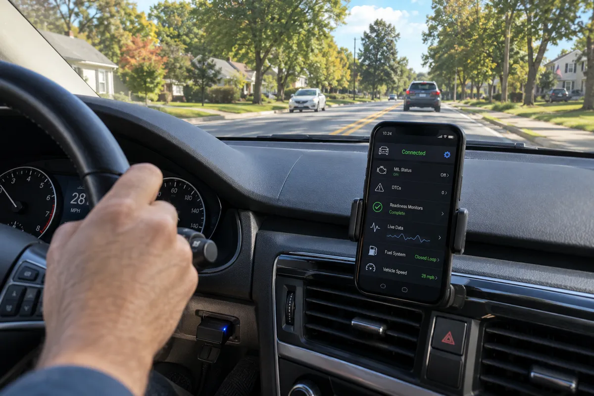 Driver conducting a repair verification drive with a mounted smartphone diagnostic app and an OBD2 Bluetooth adapter.