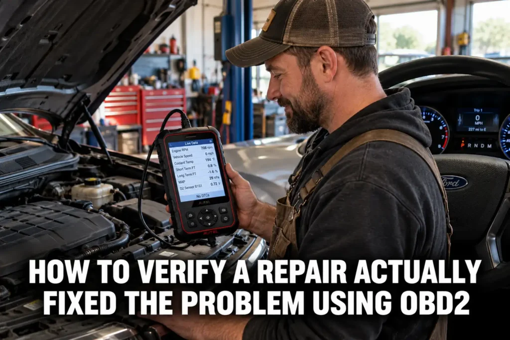 Mechanic checking diagnostic readings after a car repair to confirm the fault is no longer present.